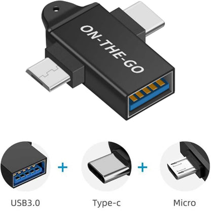 TECPHILE 2-in-1 OTG adapter features USB 3.0 female port with dual male connectors for Type-C and Micro USB compatibility.