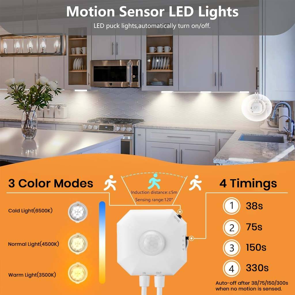 TECPHILE LED Cabinet Lamp features 3 color modes and 4 timer settings with motion detection for hands-free lighting in home interiors.