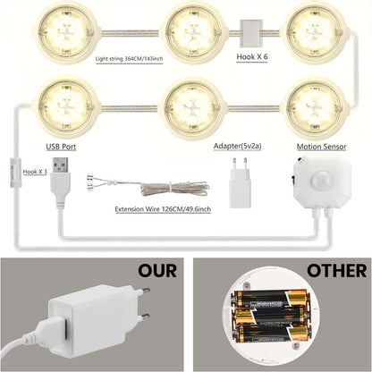 TECPHILE LED Cabinet Light kit includes USB-powered puck lights, motion sensor, and extension wire for easy installation and energy efficiency.