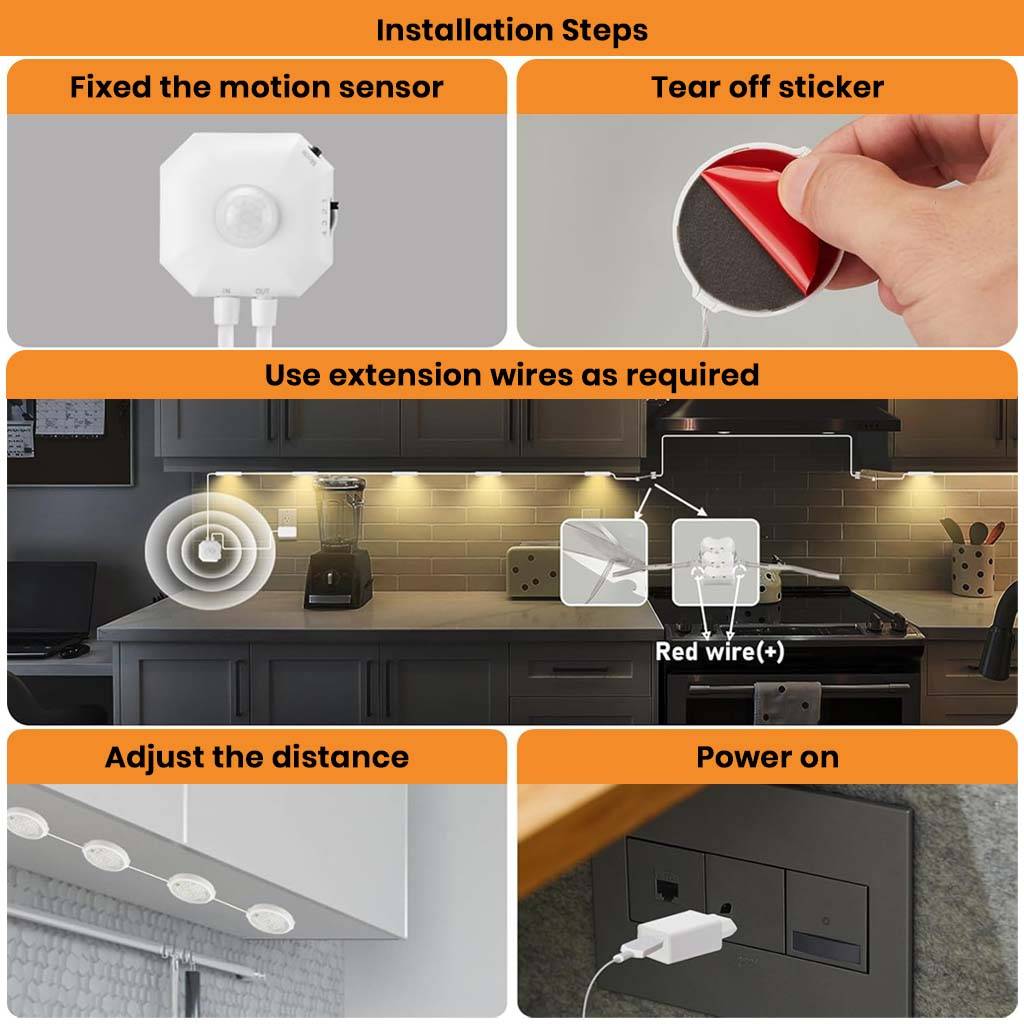 Step-by-step installation guide for TECPHILE Smart Motion Sensor Cabinet Lamp with adhesive setup and adjustable light distance.