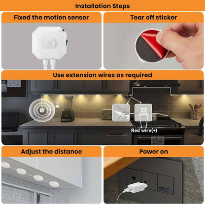 Step-by-step installation guide for TECPHILE Smart Motion Sensor Cabinet Lamp with adhesive setup and adjustable light distance.