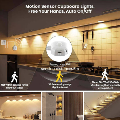 TECPHILE motion sensor cupboard lights with auto on/off feature and 5m sensing range for convenient under-cabinet lighting control.