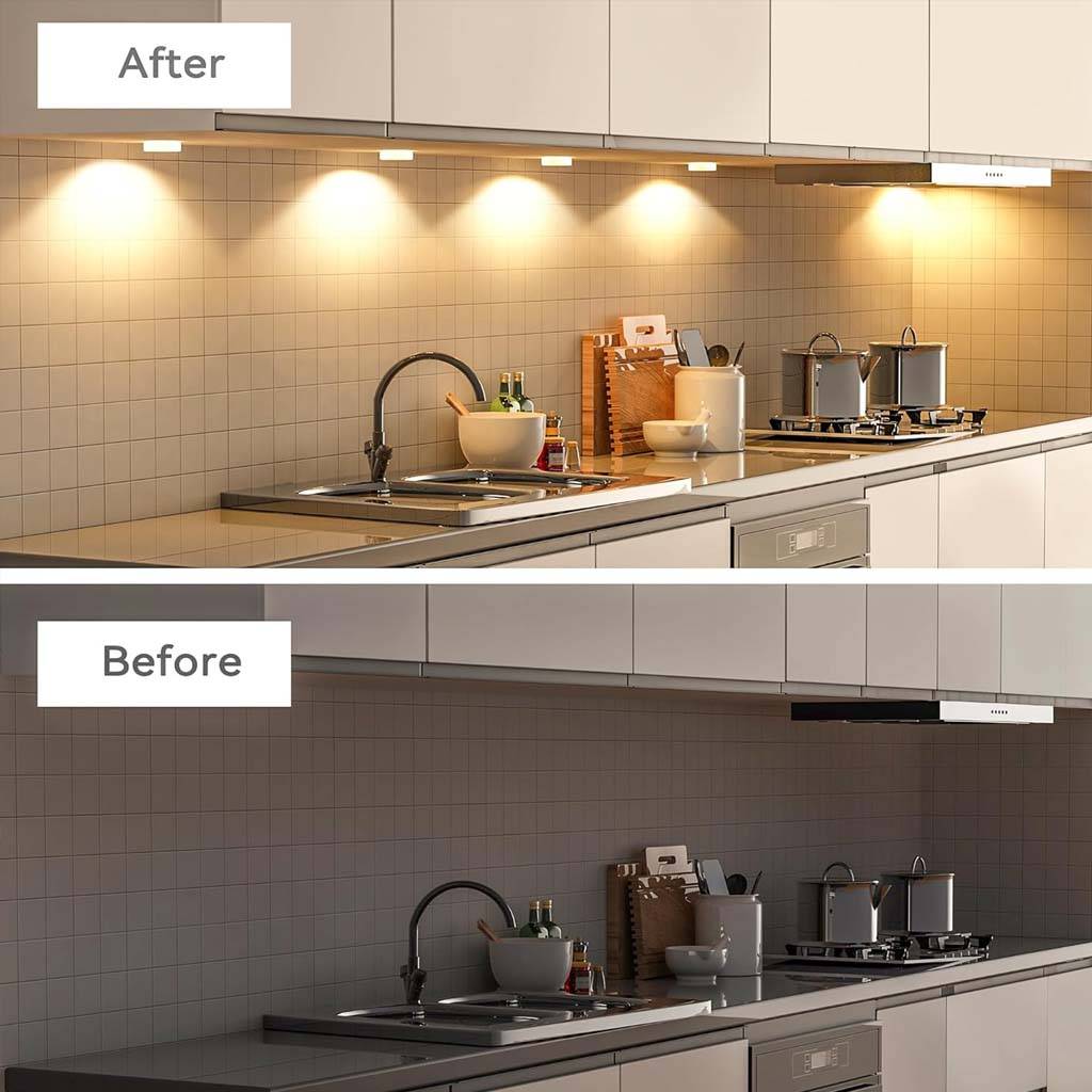 Before and after comparison of kitchen lighting using TECPHILE Smart Motion Sensor Cabinet Lamp for enhanced brightness and ambiance.