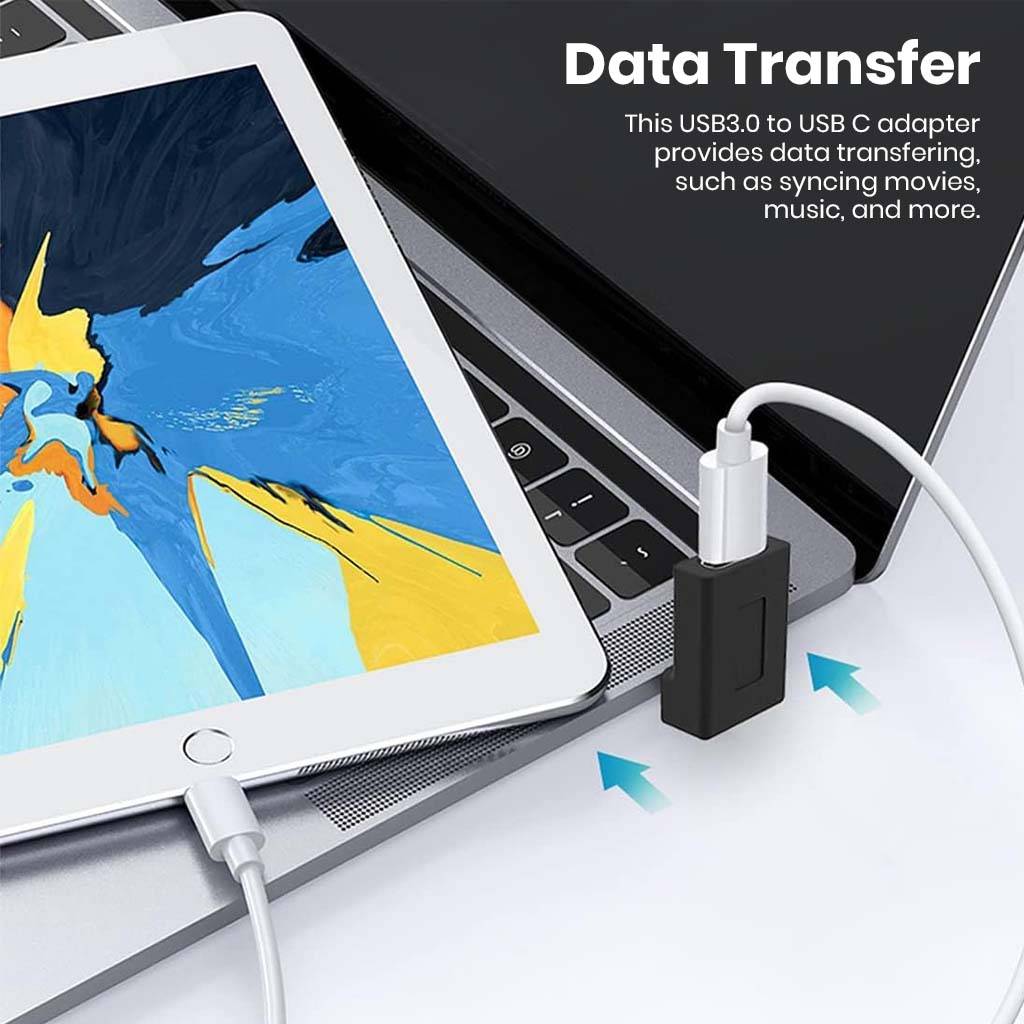 TECPHILE USB-C to USB-A Adapter transferring data between a tablet and laptop, ideal for syncing music, videos, and files efficiently.