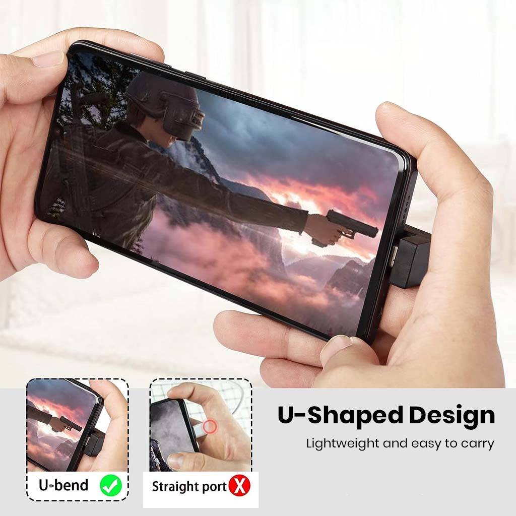 TECPHILE U-Shaped Type-C Adapter connected to a smartphone, allowing seamless gaming with ergonomic U-bend for better grip and portability.
