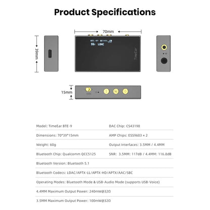 TimeEar- BTE 9 CS43198 DAC + Dual ESS9603 Amp Bluetooth DAC/Amp