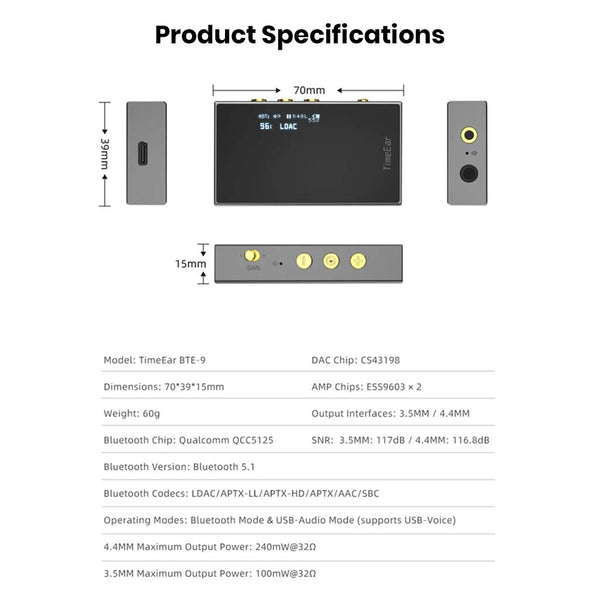 TimeEar- BTE 9 CS43198 DAC + Dual ESS9603 Amp Bluetooth DAC/Amp - 12