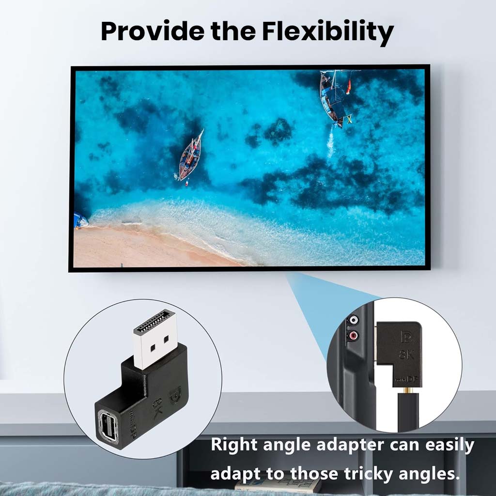 TECPHILE 90° angled Mini DisplayPort adapter offers flexible connection to wall-mounted displays or tight setups.