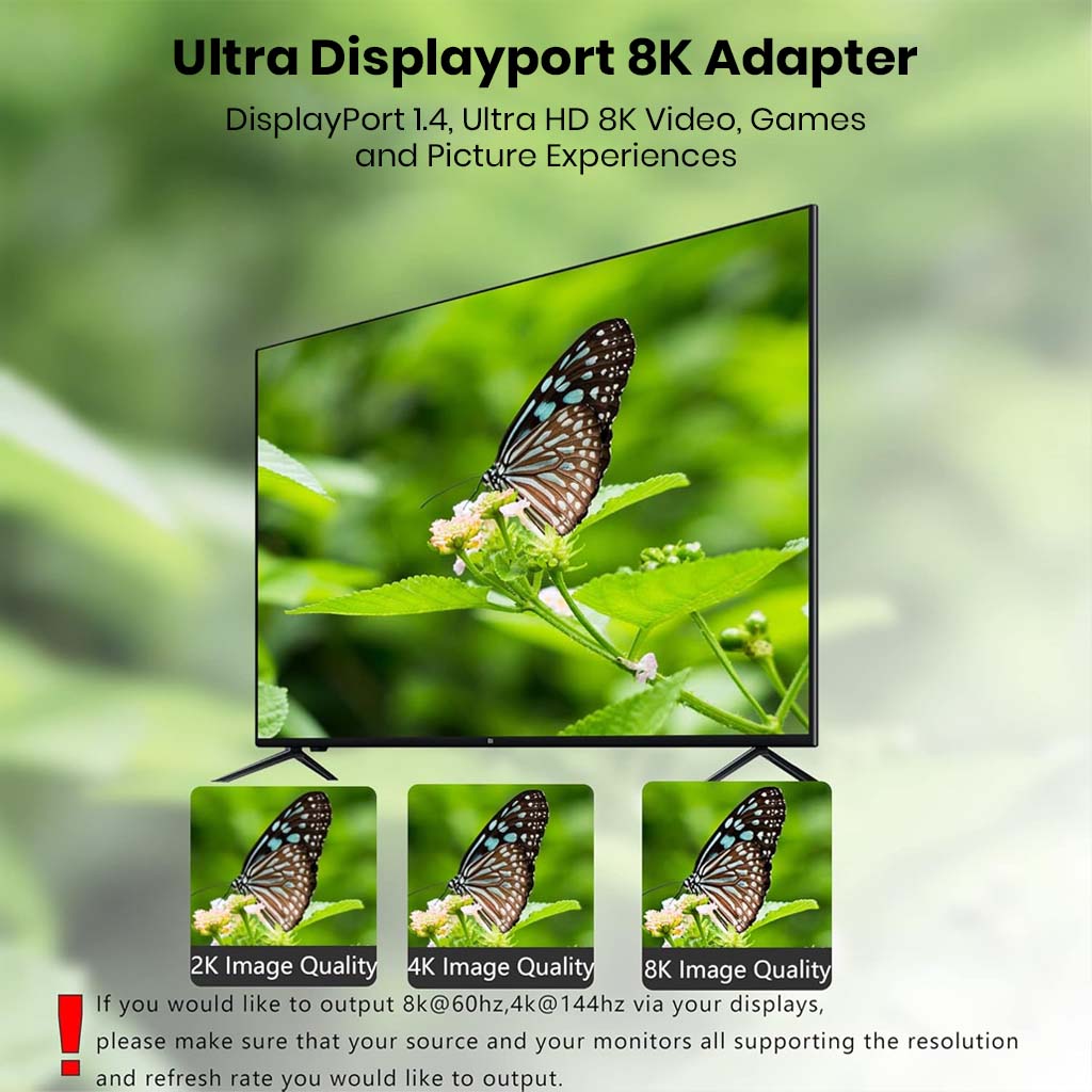TECPHILE 8K DisplayPort adapter supports 2K, 4K, and 8K resolutions for ultra HD video and gaming performance.
