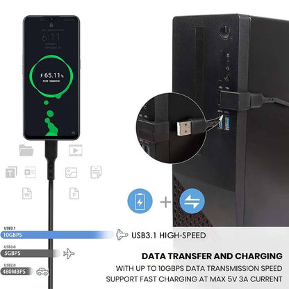 TECPHILE USB 3.1 Adapter connected to desktop and smartphone, demonstrating fast charging and 10Gbps data transfer capabilities.