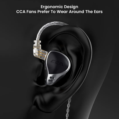 CCA-APEX24 ergonomic in-ear monitors worn around the ear, designed for comfort and secure fit during extended listening sessions.