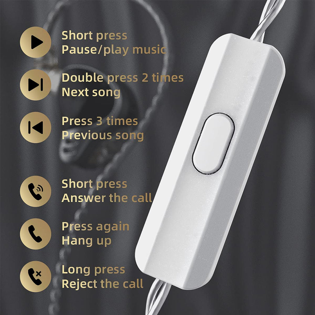 Inline remote control of CCA-APEX24 IEM with multifunction button for music playback and call management, enhancing usability.