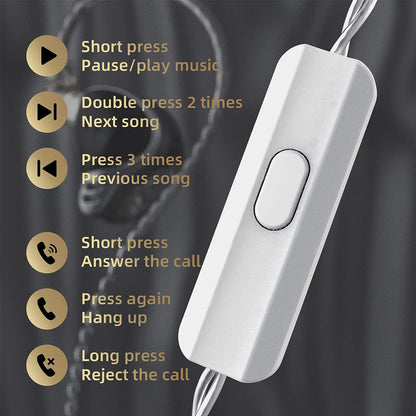 Inline remote control of CCA-APEX24 IEM with multifunction button for music playback and call management, enhancing usability.