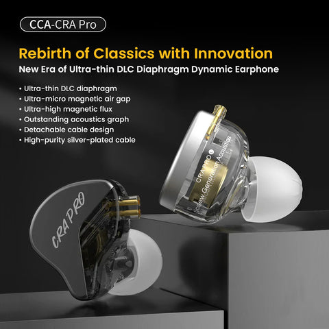 CCA-CRA Pro IEM featuring ultra-thin DLC diaphragm and high-purity silver-plated cable for enhanced audio clarity and durability.