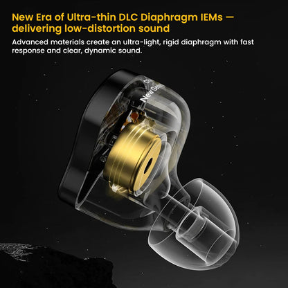 Close-up of CCA-CRA Pro IEM's ultra-thin DLC diaphragm driver for low-distortion, high-resolution audio performance.