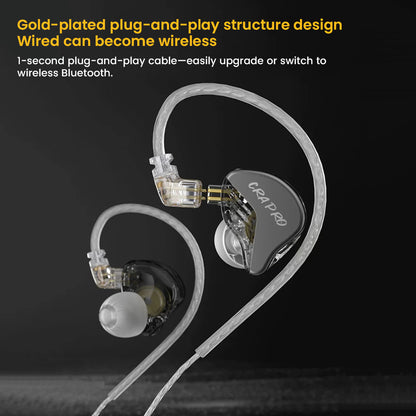Gold-plated plug-and-play cable design of CCA-CRA Pro IEMs allowing easy upgrade to wireless Bluetooth connectivity.
