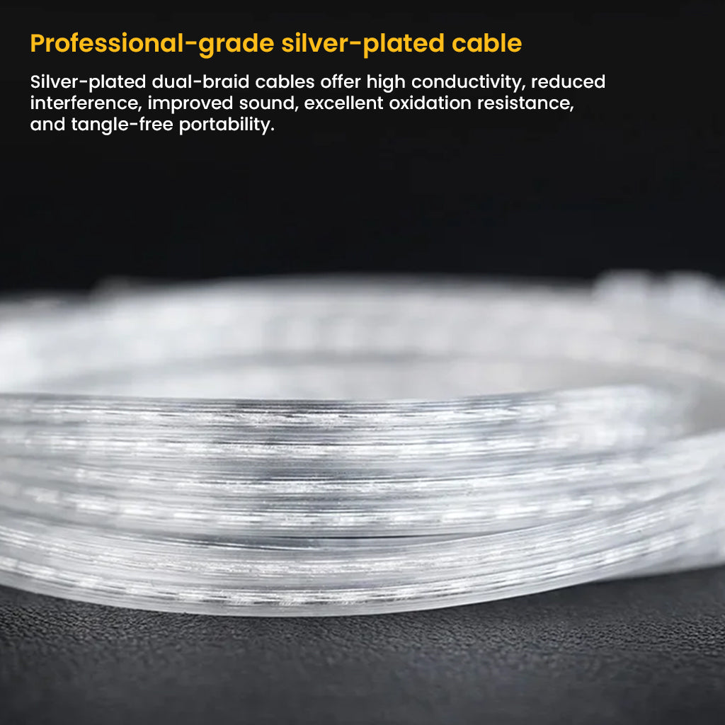 Professional-grade silver-plated cable of CCA-CRA Pro IEMs offering high conductivity, reduced interference, and tangle-free use.