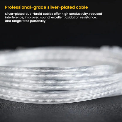 Professional-grade silver-plated cable of CCA-CRA Pro IEMs offering high conductivity, reduced interference, and tangle-free use.