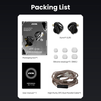 CCA-Xyrra IEM packaging contents including earphones, silicone ear tips, user manual, and high-purity OFC dual parallel cable.