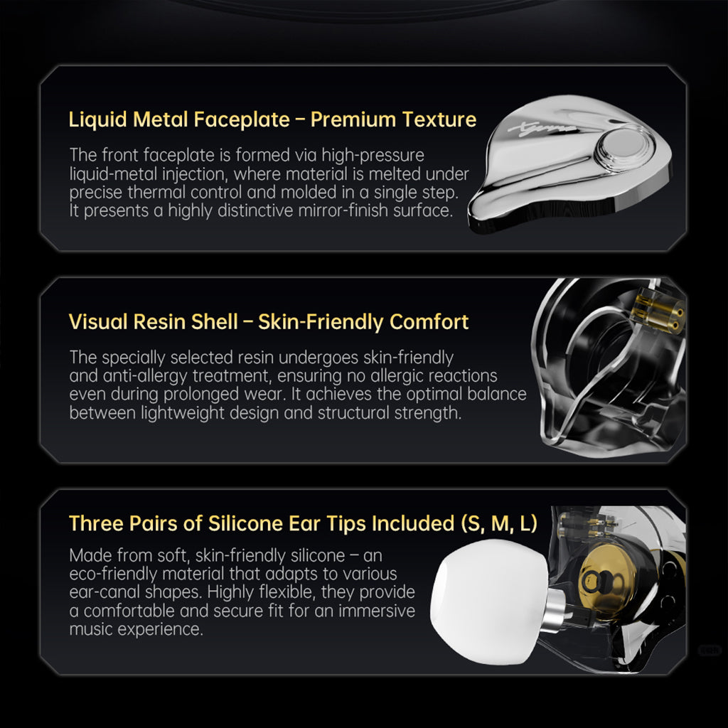 Details of CCA-Xyrra IEM's liquid metal faceplate, resin shell, and included silicone ear tips for premium comfort and sound isolation.
