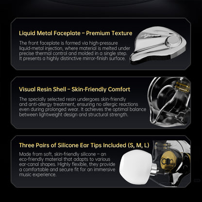 Details of CCA-Xyrra IEM's liquid metal faceplate, resin shell, and included silicone ear tips for premium comfort and sound isolation.