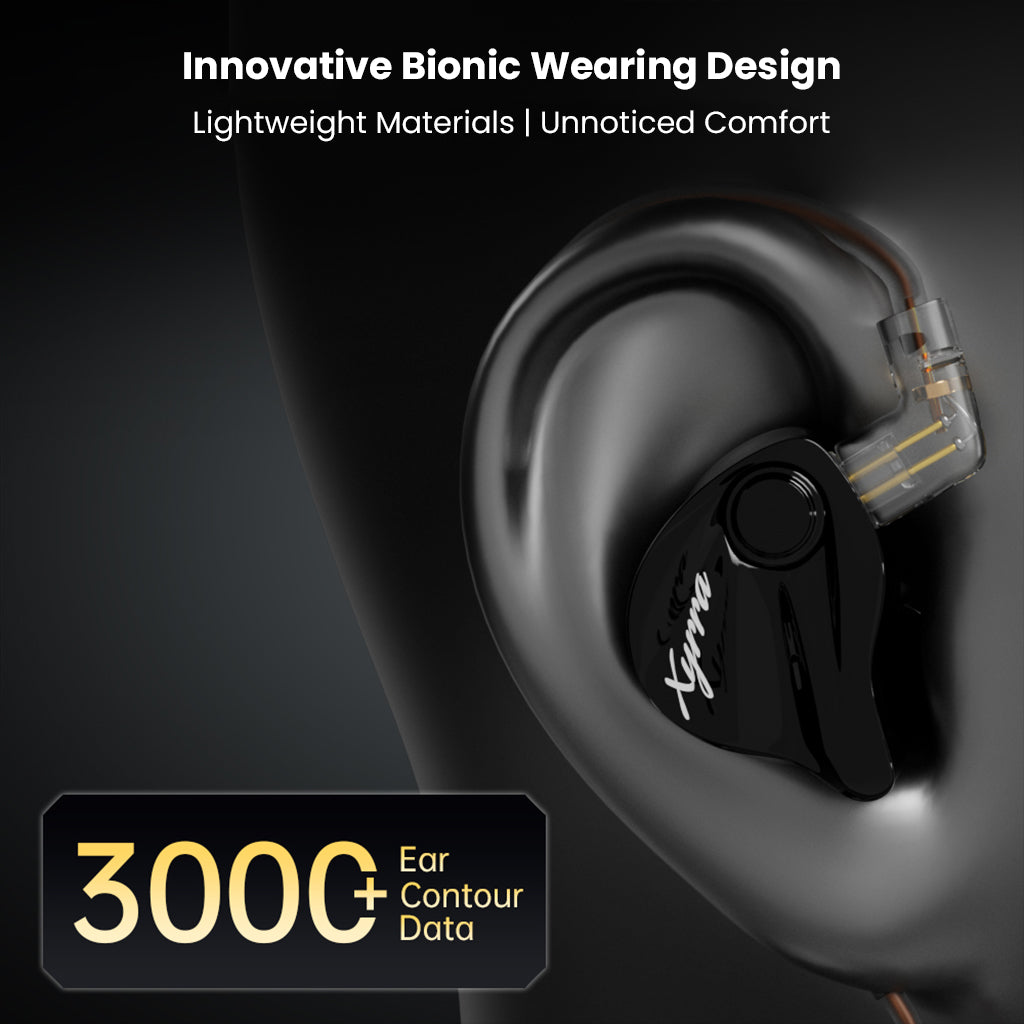 CCA-Xyrra IEM worn on ear, showcasing ergonomic bionic design and lightweight build for long-lasting comfort during extended use.