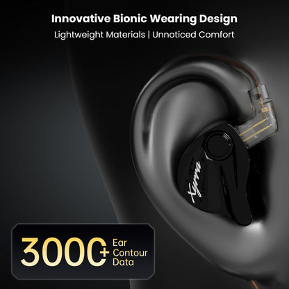 CCA-Xyrra IEM worn on ear, showcasing ergonomic bionic design and lightweight build for long-lasting comfort during extended use.