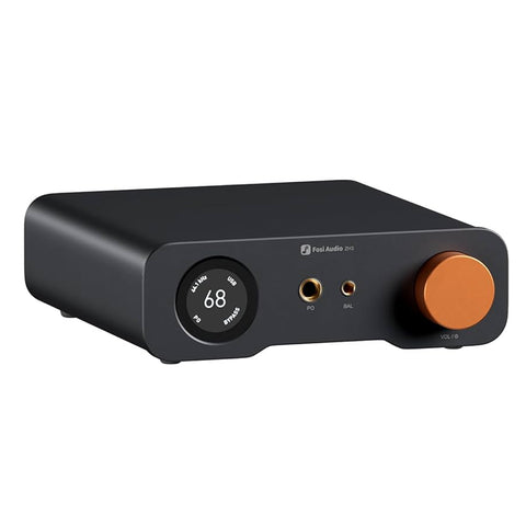 Fosi Audio ZH3 high-end desktop DAC and headphone amp with orange volume knob and LCD display, ideal for Hi-Fi audio setups.