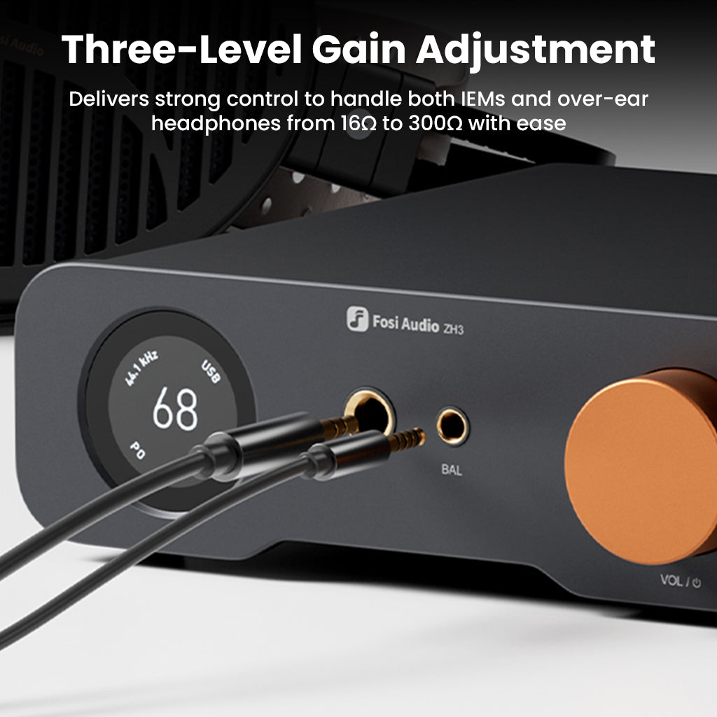 Fosi Audio ZH3 headphone amp with three-level gain adjustment for IEMs and over-ear headphones from 16Ω to 300Ω.
