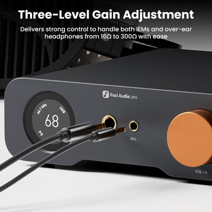 Fosi Audio ZH3 headphone amp with three-level gain adjustment for IEMs and over-ear headphones from 16Ω to 300Ω.