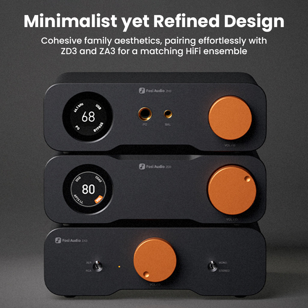 Fosi Audio ZH3 stacked with ZD3 and ZA3 units, showcasing cohesive minimalist design for a complete Hi-Fi audio ensemble.