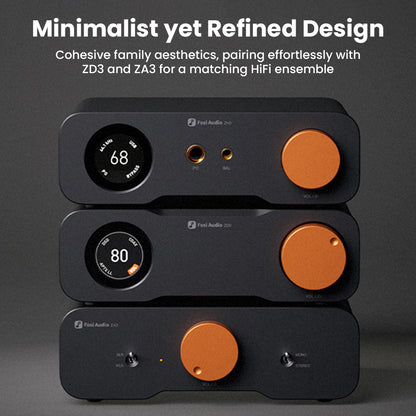 Fosi Audio ZH3 stacked with ZD3 and ZA3 units, showcasing cohesive minimalist design for a complete Hi-Fi audio ensemble.