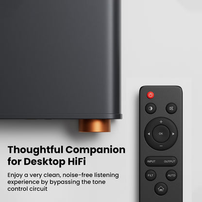 Fosi Audio ZH3 high-end desktop DAC and headphone amp with remote control, designed for clean, noise-free Hi-Fi audio on desktop setups.