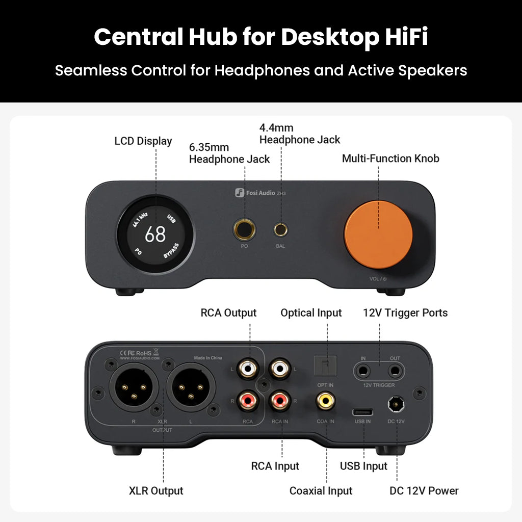 Fosi Audio ZH3 rear and front panel ports including RCA, XLR, USB input, and headphone jacks for seamless desktop Hi-Fi integration.