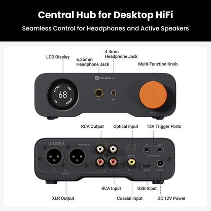 Fosi Audio ZH3 rear and front panel ports including RCA, XLR, USB input, and headphone jacks for seamless desktop Hi-Fi integration.