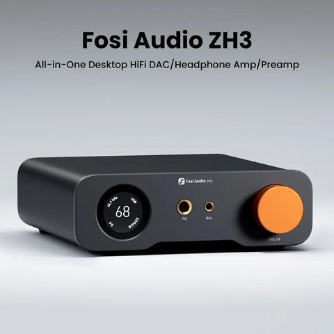 Fosi Audio ZH3 all-in-one desktop Hi-Fi DAC, headphone amplifier, and preamp with sleek design and intuitive controls.
