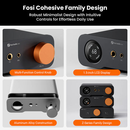 Fosi Audio ZH3 minimalist aluminum design with 1.5-inch LCD and multi-function knob, part of the Z-Series Hi-Fi family.