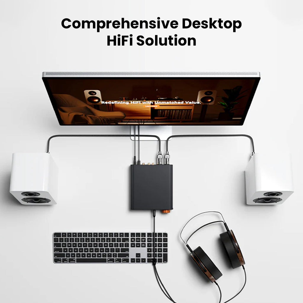Fosi Audio ZH3 connected to desktop monitor, headphones, and speakers, showcasing its role in a complete Hi-Fi audio setup.