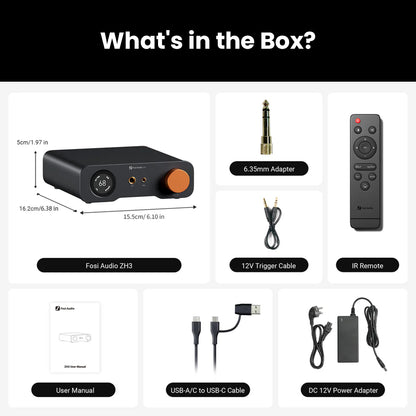Fosi Audio ZH3 DAC & headphone amplifier package contents including unit, IR remote, cables, power adapter, and user manual for Hi-Fi audio use.