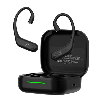 KZ AE01 PRO TWS Bluetooth Adapter with charging case and ear hooks, designed for IEMs to deliver Hi-Fi wireless audio performance.