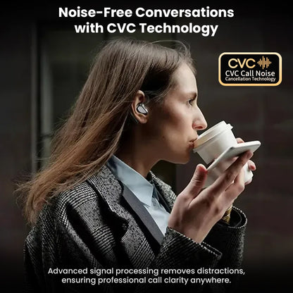 Woman using KZ AE01 PRO Adapter with CVC technology for noise-free conversations, perfect for professional call clarity on the go.