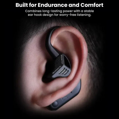 KZ AE01 PRO Bluetooth Adapter shown worn in ear, highlighting ergonomic ear hook design for comfort and long-lasting listening sessions.