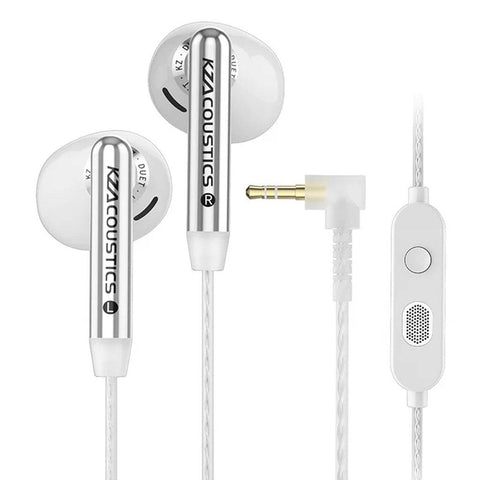 KZ- Duet Dual Dynamic Drivers Wired Earbuds in porcelain white with in-line mic and 3.5mm jack, ideal for music and gaming use.