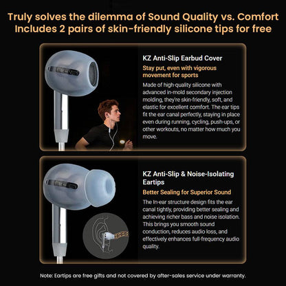 KZ- Duet Dual Dynamic Drivers Wired Earbuds include anti-slip covers and silicone eartips for enhanced comfort and secure fit.
