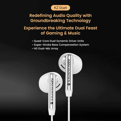 KZ- Duet Dual Dynamic Drivers Wired Earbuds featuring quad-core drivers and HD mic, optimized for immersive gaming and music.