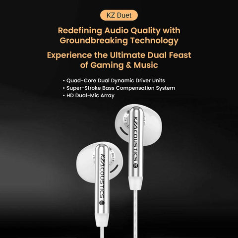 KZ- Duet Dual Dynamic Drivers Wired Earbuds featuring quad-core drivers and HD mic, optimized for immersive gaming and music.