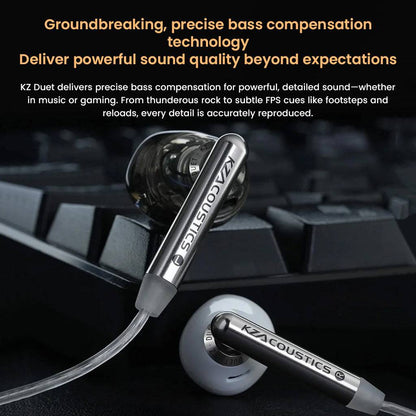 KZ- Duet Dual Dynamic Drivers Wired Earbuds with bass compensation technology for detailed sound in music and gaming environments.