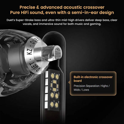 KZ- Duet Dual Dynamic Drivers Wired Earbuds with acoustic crossover and built-in electronic board for high-fidelity sound separation.