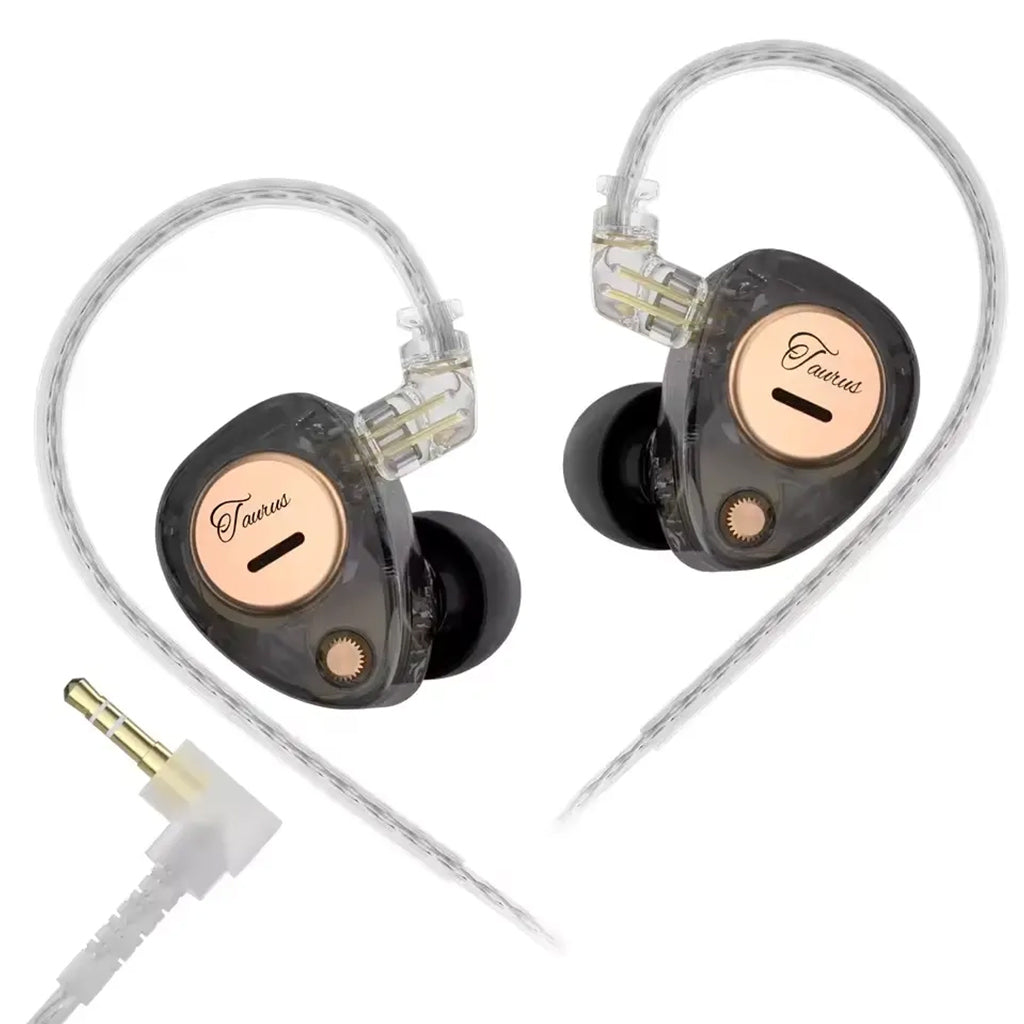 Pair of in-ear headphones with clear cable and gold accents on a white background