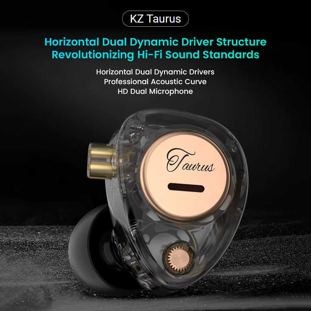 KZ Taurus earbud with technical specifications on a black background